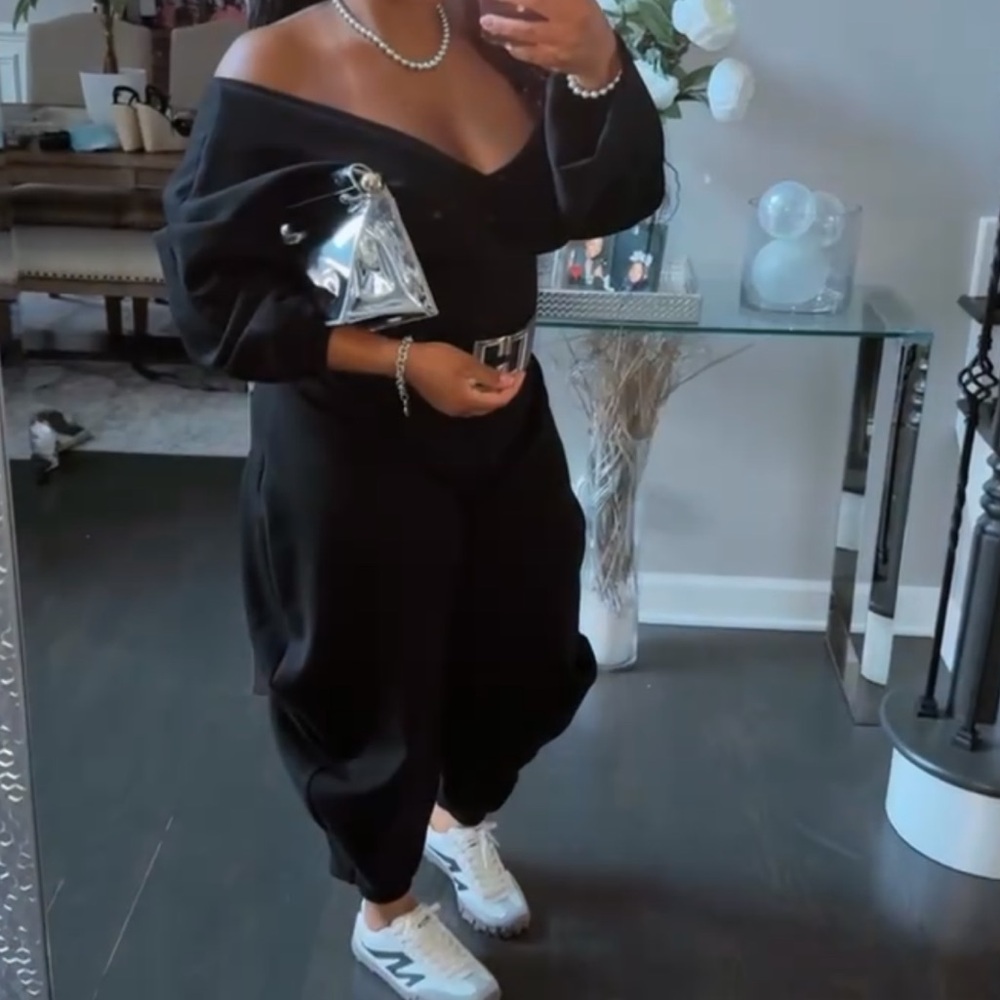 Off-Shoulder Black Jogger Jumpsuit - Picture 2 of 9